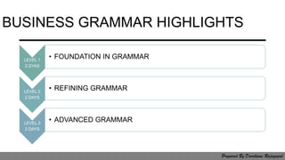 BUSINESS GRAMMAR HIGHLIGHTS
LEVEL 1
2 DYAS
• FOUNDATION IN GRAMMAR
LEVEL 2
2 DAYS
• REFINING GRAMMAR
LEVEL 3
2 DAYS
• ADVANCED GRAMMAR
Prepared By Darchaini Rajagopal
 