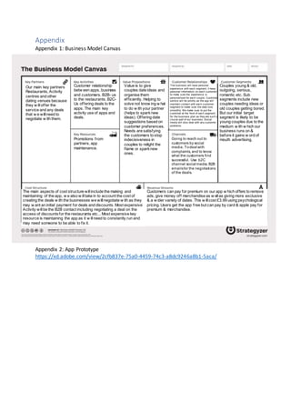 Appendix
Appendix 1: Business Model Canvas
Appendix 2: App Prototype
https://xd.adobe.com/view/2cfb837e-75a0-4459-74c3-a8dc9246a8b1-5aca/
Our main key partners
Restaurants, Activity
centres and other
dating venues because
they w illoffer the
service and any deals
that w e willneed to
negotiate w ith them.
Promotions from
partners, app
maintenance.
Customer relationship
betw een apps, business
and customers. B2B- us
to the restaurants. B2C-
Us offering deals to the
apps. The main key
activity use of apps and
deals.
The main aspects of cost structure willinclude the making and
maintaining of the app, w e also w illtake in to account the cost of
creating the deals w ith the businesses we willnegotiate w ith as they
may w ant an initial payment for deals and discounts. Most expensive
Activity willbe the B2B contact including negotiating a deal on the
access of discountsfor the restaurants etc... Most expensive key
resource is maintaining the app as it w illneed to constantly run and
may need someone to be able to fix it.
Customers can pay for premium on our app w hich offers to remove
ads, give money off merchandise as w ellas giving more exclusive
& a w ider variety of dates. This w illcost £3.99 using psychological
pricing. Users get the app free but can pay by card & apple pay for
premium & merchandise.
Value is to give
couples date ideas and
organise them
efficiently. Helping to
solve not know ing w hat
to do w ith your partner
(helps to sparknew
ideas). Offering date
suggestions based on
customer preferences.
Needs are satisfying
the customers to stop
indecisiveness in
couples to relight the
flame or sparknew
ones.
The business will have personal
experience with each segment, it keep
personal information on each customer
to make sure the experience is
personalised for each couple. Customer
service will be priority as the app will
maintain contact with each customer
segment to make sure the date runs
smoothly. We make sure to put the
customer at the front of each segment
for the business plan as they are such a
crucial part of our business. Social
media will also deal with any customer
problems.
Couples young & old,
outgoing, serious,
romantic etc. Sub
segments include new
couples needing ideas or
old couples getting bored.
But our initial target
segment is likely to be
young couples due to the
medium w ith w hich our
business runs on &
before it gains w ord of
mouth advertising.Going to reach out to
customers by social
media. Todeal with
complaints, and to know
what the customers find
successful. Use b2C
channel social media. B2B
emailsfor the negotiations
of the deals.
 