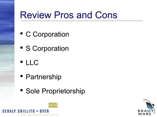 Review Pros and Cons
 C Corporation

 S Corporation

 LLC

 Partnership

 Sole Proprietorship
 
