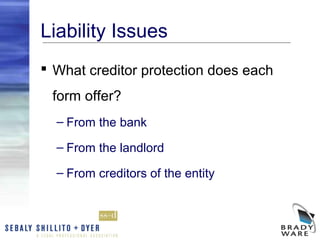Liability Issues
 What creditor protection does each
 form offer?
  – From the bank

  – From the landlord

  – From creditors of the entity
 