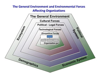 The General Environment and Environmental Forces
Affecting Organizations
The General Environment
Cultural Forces
Political - Legal Forces
Technological Forces
Competitive Forces
Organization
 