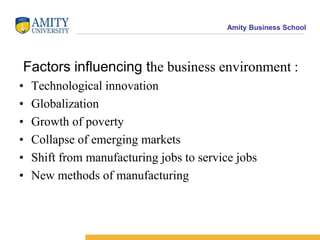  Factors influencing the business environment : Technological innovationGlobalizationGrowth of povertyCollapse of emerging marketsShift from manufacturing jobs to service jobsNew methods of manufacturing