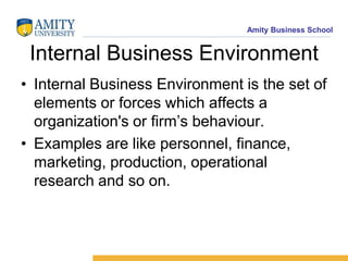 Internal Business EnvironmentInternal Business Environment is the set of elements or forces which affects a organization's or firm’s behaviour.Examples are like personnel, finance, marketing, production, operational research and so on.