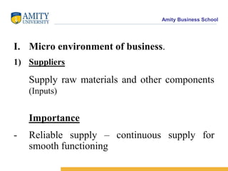 Micro environment of business.SuppliersSupply raw materials and other components (Inputs)ImportanceReliable supply – continuous supply for smooth functioningCUSTOMERSDifferent categories of customersIndustrial customersWholesale customersRetail customersGovernment customersForeign customers