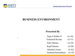 BUSINESS ENVIRONMENT ` Presented By Naga S Sridhar N           (A-34) Venkatesh Ravada           (A-17) Neha Sharma                  (A-39) Kapil Sharma                  (A-20)               Abhishek Verma              (A-42) Sandeep Dasmanthrao     (A-19)                 