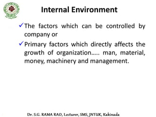 Types of Internal Environment
1. Value System
2. Mission & Objectives
3. Management Structure and Nature
4. Internal Power relationship
5. Human Resources
6. Company Image & Brand Equity …..
 