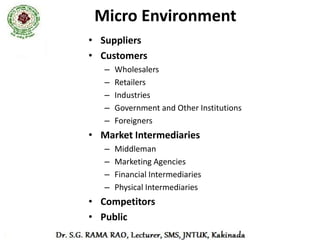 Macro Environment
• Economic Environment: It is very complex and
  dynamic in nature that keeps on changing
  with the change in policies or political
  situations. It has three elements:
  –   Economic Conditions of Public
  –   Economic Policies of the country
  –   Economic System
  –   Other Economic Factors: Infrastructural Facilities, Banking,
      Insurance companies, money markets, capital markets etc.
 