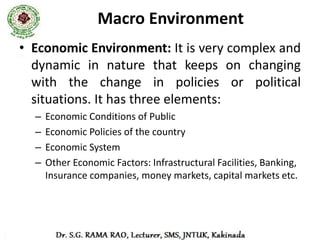 Macro Environment
• Non-Economic Environment: Following are
  included in non-economic environment:
  1. Political Environment: It affects different business units
     extensively. Components are
     •   Political Belief of Government
     •   Political Strength of the Country
     •   Relation with other countries
     •   Defense and Military Policies
     •   Centre State Relationship in the Country
     •   Thinking Opposition Parties towards Business Unit
 