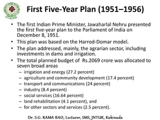 First Five-Year Plan (1951–1956)
• The net domestic product went up by 15%. The
  monsoon was good and there were relatively high crop
  yields, boosting exchange reserves and the per capita
  income, which increased by 8%.
• National income increased more than the per capita
  income due to rapid population growth.
• Many irrigation projects were initiated during this
  period, including the Bhakra Dam and Hirakud Dam.
• The World Health Organization, with the Indian
  government, addressed children's health and
  reduced infant mortality, indirectly contributing to
  population growth.
 