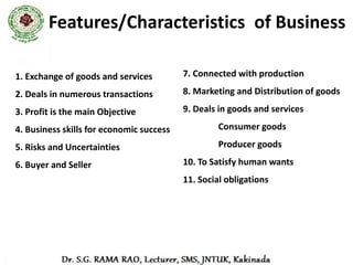 Objectives of Business
1.   Profit
2.   Growth
3.   Customer Satisfaction
4.   Employee Satisfaction
5.   Quality products and services
6.   Market Leadership
7.   Employment creation
8.   Service to Society…..
 
