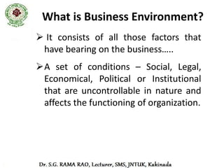Types of Business Environment

• Mainly Business Environment divided into two
  types. These are:
  1. Internal Environment
  2. External Environment
 