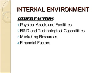 INTERNAL ENVIRONMENTINTERNAL ENVIRONMENT
OTHERFACTORS
1.Physical Assetsand Facilities
2.R&D and Technological Capabilities
3.Marketing Resources
4.Financial Factors
 