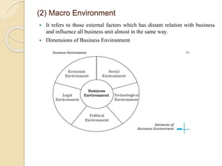 (2) Macro Environment
 It refers to those external factors which has distant relation with business
and influence all business unit almost in the same way.
 Dimensions of Business Environment
 