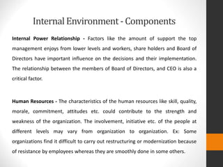 Internal Environment- Components
Internal Power Relationship - Factors like the amount of support the top
management enjoys from lower levels and workers, share holders and Board of
Directors have important influence on the decisions and their implementation.
The relationship between the members of Board of Directors, and CEO is also a
critical factor.
Human Resources - The characteristics of the human resources like skill, quality,
morale, commitment, attitudes etc. could contribute to the strength and
weakness of the organization. The involvement, initiative etc. of the people at
different levels may vary from organization to organization. Ex: Some
organizations find it difficult to carry out restructuring or modernization because
of resistance by employees whereas they are smoothly done in some others.
 