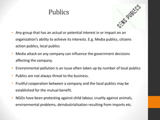 Publics
• Any group that has an actual or potential interest in or impact on an
organization’s ability to achieve its interests. E.g. Media publics, citizens
action publics, local publics
• Media attack on any company can influence the government decisions
affecting the company.
• Environmental pollution is an issue often taken up by number of local publics
• Publics are not always threat to the business.
• Fruitful cooperation between a company and the local publics may be
established for the mutual benefit.
• NGOs have been protesting against child labour, cruelty against animals,
environmental problems, deindustrialization resulting from imports etc.
 