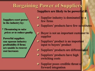 Bargaining Power of Suppliers
Suppliers exert power
in the industry by:
* Threatening to raise
prices or to reduce quality
Powerful suppliers
can squeeze industry
profitability if firms
are unable to recover
cost increases
Suppliers are likely to be powerful if:
Supplier industry is dominated by a
few firms
Suppliers’ products have few substitutes
Buyer is not an important customer to
supplier
Suppliers’ product is an important
input to buyers’ product
Suppliers’ products are differentiated
Suppliers’ products have high
switching costs
Supplier poses credible threat of
forward integration
 