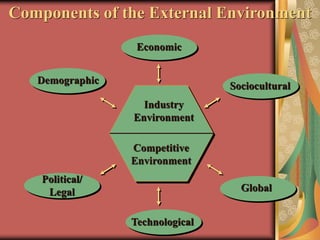Political/
Legal
Economic
Technological
Global
Demographic
Sociocultural
Competitive
Environment
Industry
Environment
Components of the External Environment
 