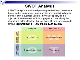 SWOT Analysis
A SWOT analysis is structured planning method used to evaluate
the strengths, weaknesses, opportunities and threats involved in
a project or in a business venture. It involves specifying the
objective of the business venture or project and identifying the
internal and external factors that are favorable and unfavorable to
achieve that objective.
 