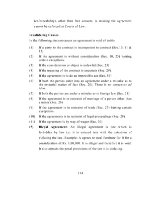 (enforceability), other than free consent, is missing the agreement
      cannot be enforced at Courts of Law.

Invalidating Causes
In the following circumstances an agreement is void ab initio.

(1)      If a party to the contract is incompetent to contract (Sec.10, 11 &
         12)
(2)      If the agreement is without consideration (Sec. 10, 25) barring
         certain exceptions.
(3)      If the consideration or object is unlawful (Sec. 23)
(4)      If the meaning of the contract is uncertain (Sec. 29)
(5)      If the agreement is to do an impossible act (Sec. 56)
(6)      If both the parties enter into an agreement under a mistake as to
         the essential matter of fact (Sec. 20). There is no consensus ad
         idem.
(7)      If both the parties are under a mistake as to foreign law (Sec. 21)
(8)      If the agreement is in restraint of marriage of a person other than
         a minor (Sec. 26)
(9)      If the agreement is in restraint of trade (Sec. 27) barring certain
         exceptions.
(10)     If the agreements is in restraint of legal proceedings (Sec. 28)
(11)     If the agreement is by way of wager (Sec. 30)
(5)      Illegal Agreement: An illegal agreement is one which is
         forbidden by law i.e. it is entered into with the intention of
         violating the law. Example: A agrees to steal furniture for B for a
         consideration of Rs. 1,00,000. It is illegal and therefore it is void.
         It also attracts the penal provisions of the law it is violating.




                                       114
 