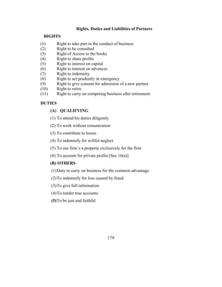 Rights, Duties and Liabilities of Partners
 RIGHTS
(1)       Right to take part in the conduct of business
(2)       Right to be consulted
(3)       Right of Access to the books
(4)       Right to share profits
(5)       Right to interest on capital
(6)       Right to interest on advances
(7)       Right to indemnity
(8)       Right to act prudently in emergency
(9)       Right to give consent for admission of a new partner
(10)      Right to retire
(11)      Right to carry on competing business after retirement.

DUTIES
       (A) QUALIFYING
       (1) To attend his duties diligently
       (2) To work without remuneration
       (3) To contribute to losses
       (4) To indemnify for willful neglect
       (5) To use firm’s a property exclusively for the firm
       (6) To account for private profits [Sec.16(a)]
       (B) OTHERS
       (1) Duty to carry on business for the common advantage
       (2) To indemnify for loss caused by fraud
       (3) To give full information
       (4) To render true accounts
       (5) To be just and faithful




                                         178
 