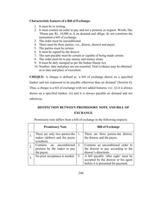 Characteristic features of a Bill of Exchange:
     1. It must be in writing.
     2. It must contain an order to pay and not a promise or request. Words, like
         ‘Please pay Rs. 10,000 to A on demand and oblige, do not constitute the
         instrument a bill of exchange.
     3. The order must be unconditional.
     4. There must be three parties, viz., drawer, drawee and payee.
     5. The parties must be certain.
     6. It must be signed by the drawer.
     7. The sum payable must be certain or capable of being made certain.
     8. The order must be to pay money and money alone.
     9. It must be duly stamped as per the Indian Stamp Act.
     10. Number, date and place are not essential. Oral evidence may be obtained
         as to date and place of execution.

CHEQUE: A cheque is defined as ‘a bill of exchange drawn on a specified
banker and not expressed to be payable otherwise than on demand’ (Section 6).
Thus, a cheque is a bill of exchange with two added features, viz.: (i) it is always
drawn on a specified banker; (ii) and it is always payable on demand and not
otherwise.

       DISTINCTION BETWEEN PROMISSORY NOTE AND BILL OF
                                    EXCHANGE

     Promissory note differs from a bill of exchange in the following respects:

             Promissory Note                           Bill of Exchange

     There are only two parties-the 1.        There are three parties-the drawer,
1.
     maker (debtor) and the payee             the drawee and the payee.
     (creditor).
     Contains an unconditional 2.             Contains an unconditional order to
2.
     promise by the maker to pay              the drawee to pay according to the
     the payee.                               drawer’s directions.
     No prior acceptance is needed. 3.        A bill payable ‘after sight’ must be
3.
                                              accepted by the drawee or his agent
                                              before it is presented for payment.


                                        200
 