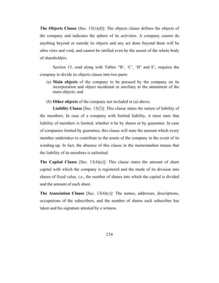 The Objects Clause (Sec. 13(1)(d)]: The objects clause defines the objects of
the company and indicates the sphere of its activities. A company cannot do
anything beyond or outside its objects and any act done beyond them will be
ultra vires and void, and cannot be ratified even by the assent of the whole body
of shareholders.

       Section 13, read along with Tables “B’, ‘C’, ‘D’ and E’, requires the
company to divide its objects clause into two parts:
   (a) Main objects of the company to be pursued by the company on its
       incorporation and object incidental or ancillary to the attainment of the
       main objects; and

   (b) Other objects of the company not included in (a) above.
       Liability Clause [Sec. 13(2)]: This clause states the nature of liability of
the members. In case of a company with limited liability, it must state that
liability of members is limited, whether it be by shares or by guarantee. In case
of companies limited by guarantee, this clause will state the amount which every
member undertakes to contribute to the assets of the company in the event of its
winding-up. In fact, the absence of this clause in the memorandum means that
the liability of its members is unlimited.

The Capital Clause [Sec. 13(4)(c)]: This clause states the amount of share
capital with which the company is registered and the mode of its division into
shares of fixed value, i.e., the number of shares into which the capital is divided
and the amount of each share.

The Association Clause [Sec. 13(4)(c)]: The names, addresses, descriptions,
occupations of the subscribers, and the number of shares each subscriber has
taken and his signature attested by a witness.




                                        234
 