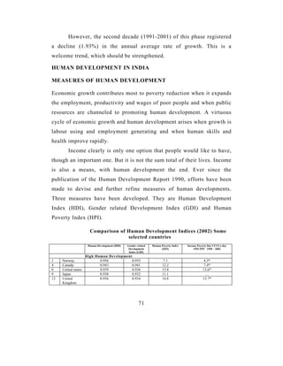 However, the second decade (1991-2001) of this phase registered
a decline (1.93%) in the annual average rate of growth. This is a
welcome trend, which should be strengthened.

HUMAN DEVELOPMENT IN INDIA

MEASURES OF HUMAN DEVELOPMENT

Economic growth contributes most to poverty reduction when it expands
the employment, productivity and wages of poor people and when public
resources are channeled to promoting human development. A virtuous
cycle of economic growth and human development arises when growth is
labour using and employment generating and when human skills and
health improve rapidly.
        Income clearly is only one option that people would like to have,
though an important one. But it is not the sum total of their lives. Income
is also a means, with human development the end. Ever since the
publication of the Human Development Report 1990, efforts have been
made to devise and further refine measures of human developments.
Three measures have been developed. They are Human Development
Index (HDI), Gender related Development Index (GDI) and Human
Poverty Index (HPI).

                       Comparison of Human Development Indices (2002) Some
                                     selected countries
                      Human Development (HDI)   Gender related   Human Poverty Index   Income Poverty line US $ I a day
                                                 Development           (HPI)               1993 PPP 1990 – 2002
                                                 Index (GDI)
                     High Human Development
1    Norway                 0.956          0.955                        7.1                         4.3*
4    Canada                 0.943           0.941                       12.2                        7.4*
8    United states          0.939           0.936                       15.8                       13.6*
9    Japan                  0.938          0.932                        11.1                         …
12   United                 0.936          0.934                        14.8                       15.7*
     Kingdom




                                                        71
 