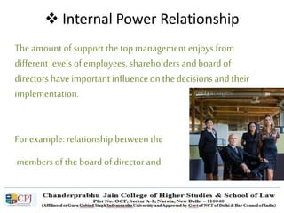  Internal Power Relationship
The amountof support the top management enjoysfrom
differentlevels of employees, shareholders and board of
directors have important influenceon the decisions and their
implementation.
For example: relationship betweenthe
membersof the board of director and
betweenCEO.
 