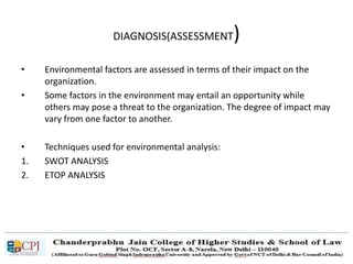 DIAGNOSIS(ASSESSMENT)
• Environmental factors are assessed in terms of their impact on the
organization.
• Some factors in the environment may entail an opportunity while
others may pose a threat to the organization. The degree of impact may
vary from one factor to another.
• Techniques used for environmental analysis:
1. SWOT ANALYSIS
2. ETOP ANALYSIS
 