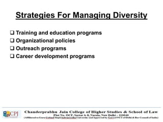 Strategies For Managing Diversity
 Training and education programs
 Organizational policies
 Outreach programs
 Career development programs
 