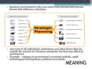 MEANING
• Business environment is the sum total of all external and internal
factors that influence a business.
• sum total of all individuals, institutions and other forces that are
outside the control of a business enterprise but that may affect its
performance
• Example – changes in government’s economic policies, rapid
technological developments, political uncertainty.
 