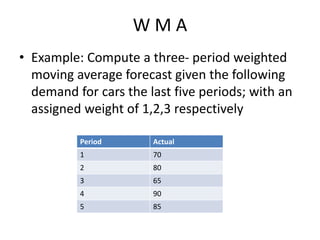 W M A
• Example: Compute a three- period weighted
moving average forecast given the following
demand for cars the last five periods; with an
assigned weight of 1,2,3 respectively
Period Actual
1 70
2 80
3 65
4 90
5 85
 