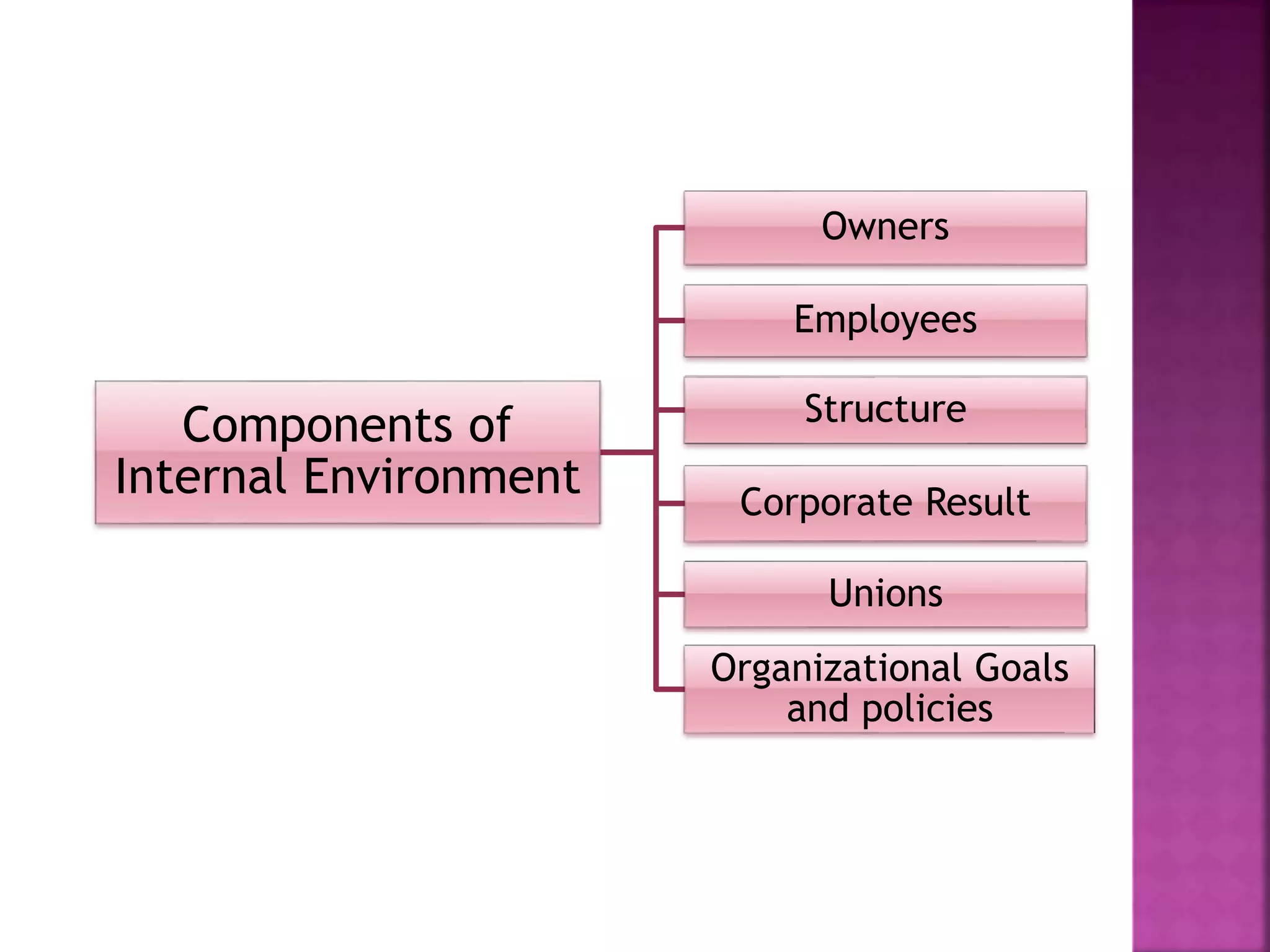 Components of
Internal Environment
Owners
Employees
Structure
Corporate Result
Unions
Organizational Goals
and policies
 