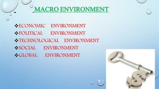 MACRO ENVIRONMENT
ECONOMIC ENVIRONMENT
POLITICAL ENVIRONMENT
TECHNOLOGICAL ENVIRONMENT
SOCIAL ENVIRONMENT
GLOBAL ENVIRONMENT

 