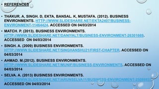 • REFERENCES
• THAKUR. A, SINGH. D, EKTA, BANSAL. K, MUSTAFA. (2012). BUSINESS
ENVIRONMENTS. HTTP://WWW.SLIDESHARE.NET/EKTA2407/BUSINESSENVIRONMENT-11464424. ACCESSED ON 04/03/2014
• MATCH. P. (2013). BUSINESS ENVIRONMENTS.
HTTP://WWW.SLIDESHARE.NET/DANIYALT/BUSINESS-ENVIRONMENT-26301669.
ACCESSED ON 04/03/2014
• SINGH. A. (2009) BUSINESS ENVIRONMENTS.
HTTP://WWW.SLIDESHARE.NET/SINGHANSHU21/FIRST-CHAPTER. ACCESSED ON
04/03/2014
• AHMAD. M.(2012). BUSINESS ENVIRONMENTS.
HTTP://WWW.SLIDESHARE.NET/MUNIF/BUSINESS-ENVIRONMENTS. ACCESSED ON
04/03/2014
• SELVA. A. (2013) BUSINESS ENVIRONMENTS.
HTTP://WWW.SLIDESHARE.NET/ARUNSELVA11/BUSINESS-ENVIRONMENT-25086837.
ACCESSED ON 04/03/2014

 