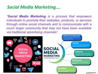 “Social Media Marketing is a process that empowers
individuals to promote their websites, products, or services
through online social channels and to communicate with a
much larger community that may not have been available
via traditional advertising channels”.
Social Media Marketing….
 