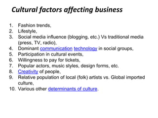 Cultural factors affecting business
1. Fashion trends,
2. Lifestyle,
3. Social media influence (blogging, etc.) Vs traditional media
(press, TV, radio),
4. Dominant communication technology in social groups,
5. Participation in cultural events,
6. Willingness to pay for tickets,
7. Popular actors, music styles, design forms, etc.
8. Creativity of people,
9. Relative population of local (folk) artists vs. Global imported
culture,
10. Various other determinants of culture.
 