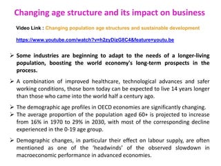 Changing age structure and its impact on business
Video Link : Changing population age structures and sustainable development
https://www.youtube.com/watch?v=h2zyDizG8C4&feature=youtu.be
 Some industries are beginning to adapt to the needs of a longer-living
population, boosting the world economy's long-term prospects in the
process.
 A combination of improved healthcare, technological advances and safer
working conditions, those born today can be expected to live 14 years longer
than those who came into the world half a century ago.
 The demographic age profiles in OECD economies are significantly changing.
 The average proportion of the population aged 60+ is projected to increase
from 16% in 1970 to 29% in 2030, with most of the corresponding decline
experienced in the 0-19 age group.
 Demographic changes, in particular their effect on labour supply, are often
mentioned as one of the ‘headwinds’ of the observed slowdown in
macroeconomic performance in advanced economies.
 