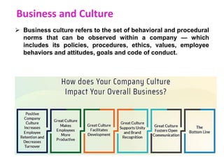 Business and Culture
 Business culture refers to the set of behavioral and procedural
norms that can be observed within a company — which
includes its policies, procedures, ethics, values, employee
behaviors and attitudes, goals and code of conduct.
 