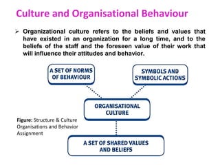 Culture and Organisational Behaviour
 Organizational culture refers to the beliefs and values that
have existed in an organization for a long time, and to the
beliefs of the staff and the foreseen value of their work that
will influence their attitudes and behavior.
Figure: Structure & Culture
Organisations and Behavior
Assignment
 