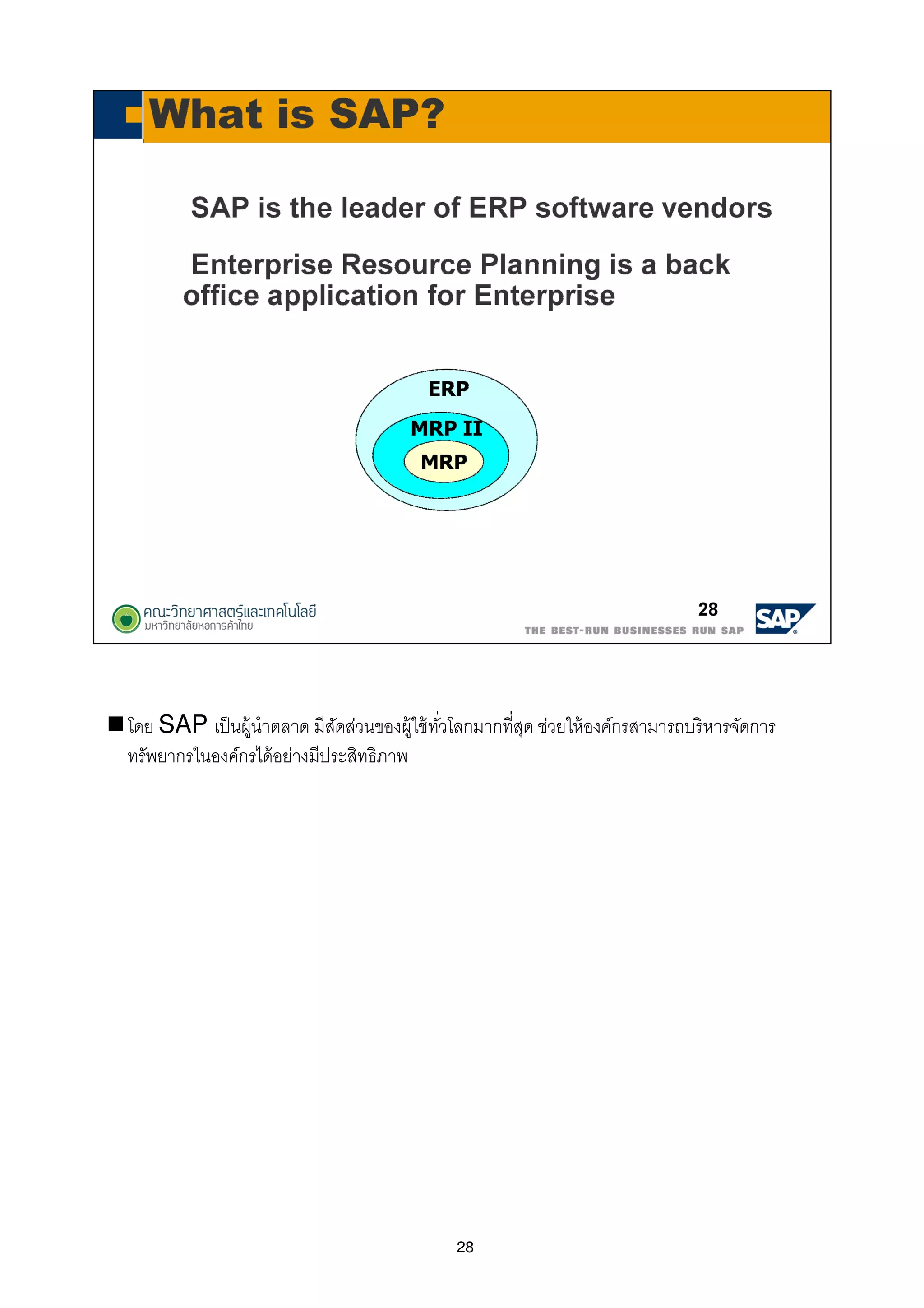 28
โดย SAP เป็นผู้นําตลาด มีสัดส่วนของผู้ใช้ทัวโลกมากทีสุด ช่วยให้องค์กรสามารถบริหารจัดการ
ทรัพยากรในองค์กรได้อย่างมีประสิทธิภาพ
 