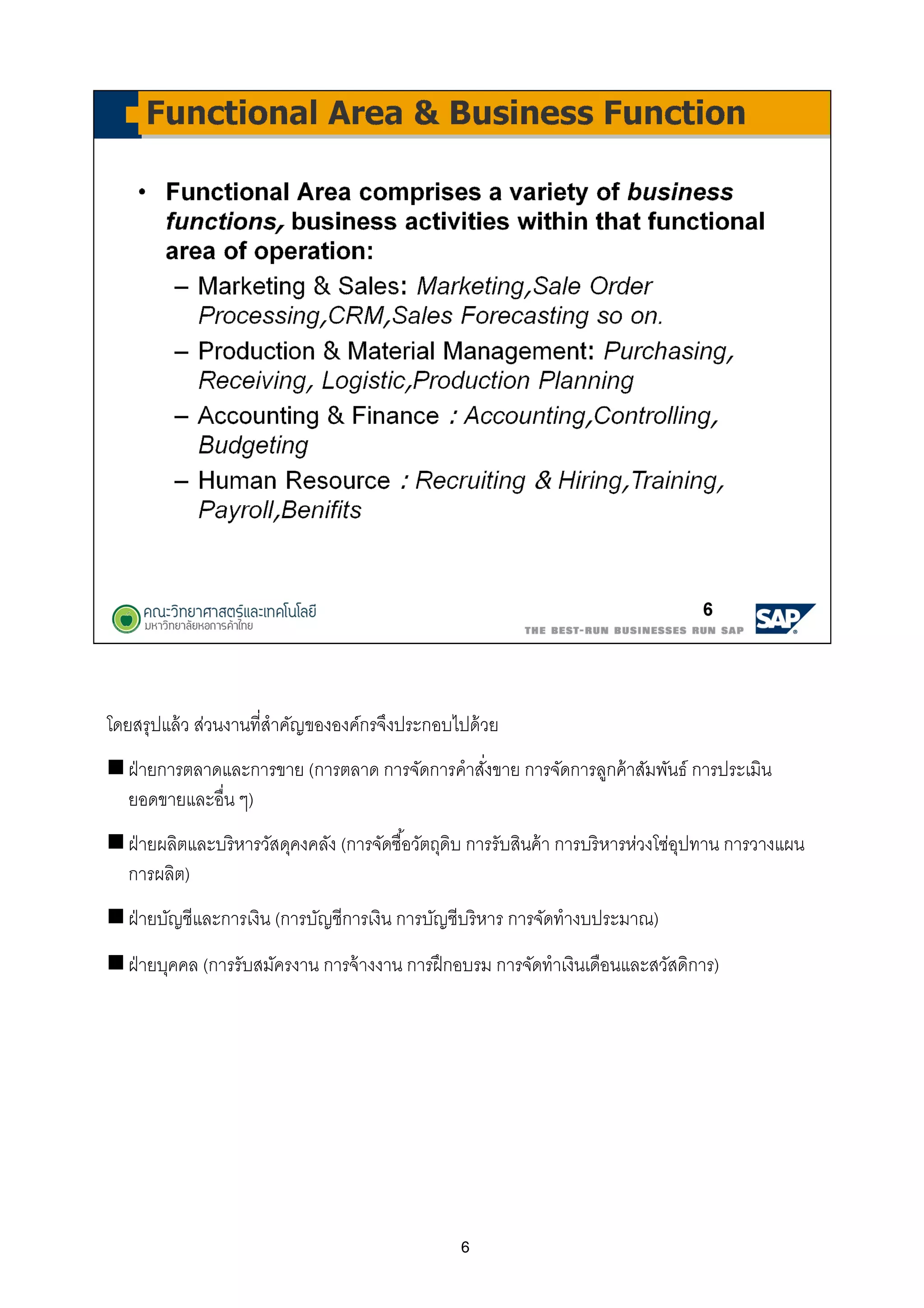 6
โดยสรุปแล้ว ส่วนงานทีสําคัญขององค์กรจึงประกอบไปด้วย
ฝ่ายการตลาดและการขาย (การตลาด การจัดการคําสังขาย การจัดการลูกค้าสัมพันธ์ การประเมิน
ยอดขายและอืน ๆ)
ฝ่ายผลิตและบริหารวัสดุคงคลัง (การจัดซือวัตถุดิบ การรับสินค้า การบริหารห่วงโซ่อุปทาน การวางแผน
การผลิต)
ฝ่ายบัญชีและการเงิน (การบัญชีการเงิน การบัญชีบริหาร การจัดทํางบประมาณ)
ฝ่ายบุคคล (การรับสมัครงาน การจ้างงาน การฝึกอบรม การจัดทําเงินเดือนและสวัสดิการ)
 