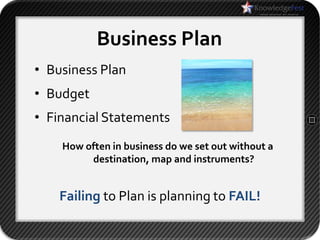 Business Plan
• Business Plan
• Budget
• Financial Statements
    How often in business do we set out without a
         destination, map and instruments?


    Failing to Plan is planning to FAIL!
 