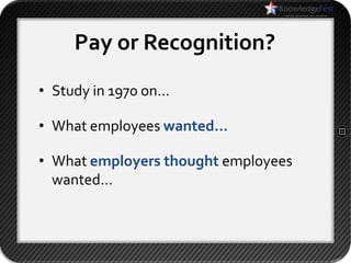 Pay or Recognition?
• Study in 1970 on…

• What employees wanted…

• What employers thought employees
  wanted…
 
