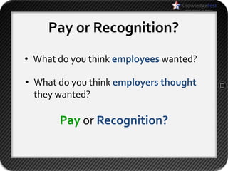 Pay or Recognition?
• What do you think employees wanted?

• What do you think employers thought
  they wanted?

       Pay or Recognition?
 