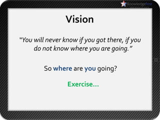 Vision
“You will never know if you got there, if you
     do not know where you are going.”

         So where are you going?

                 Exercise…
 