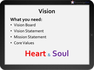 Vision
What you need:
•   Vision Board
•   Vision Statement
•   Mission Statement
•   Core Values

         Heart & Soul
 