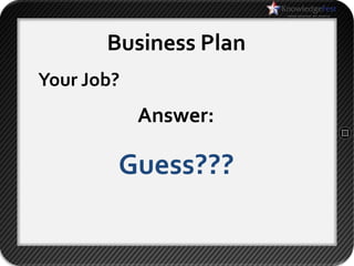 Business Plan
Your Job?
            Answer:

        Guess???
 