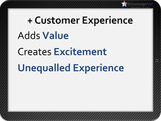 + Customer Experience
Adds Value
Creates Excitement
Unequalled Experience
 