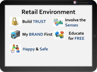 Retail Environment
Build TRUST      Involve the
                 Senses

My BRAND First    Educate
                  for FREE

Happy & Safe
 